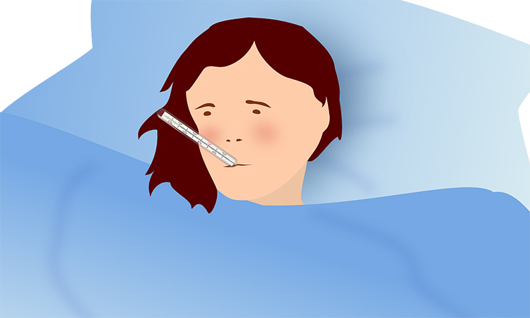 Illustration of person in bed with thermometer in mouth