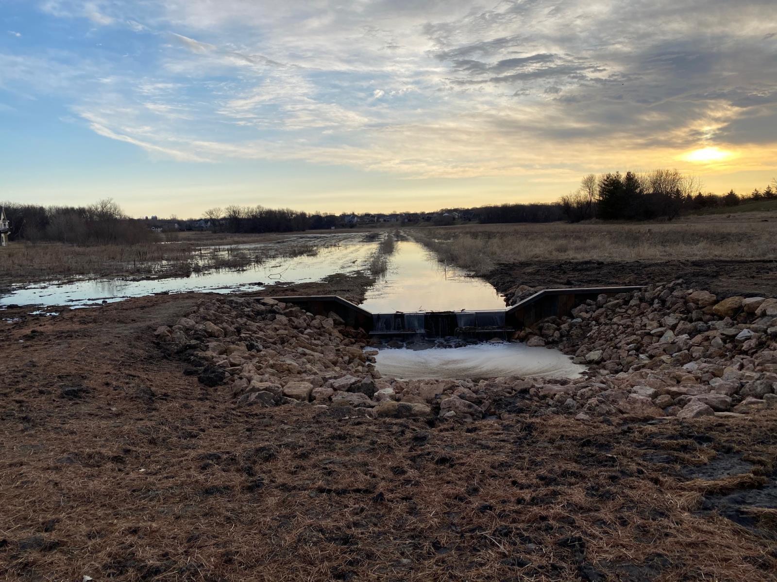 A weir holds back water on the Watertown wetland restoration.