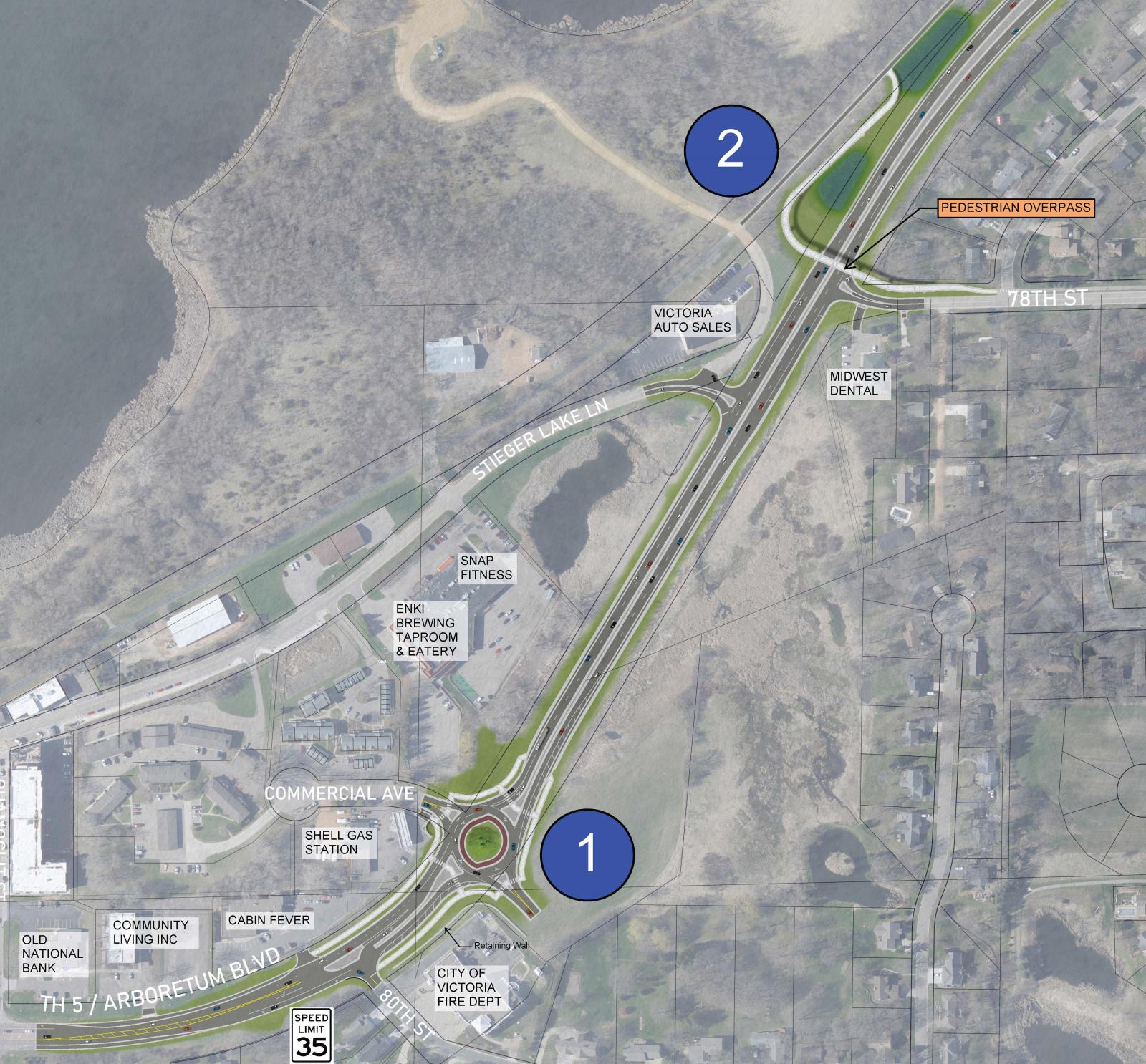 Detailed map of the roundabout at Highway 5 and Commercial Avenue.