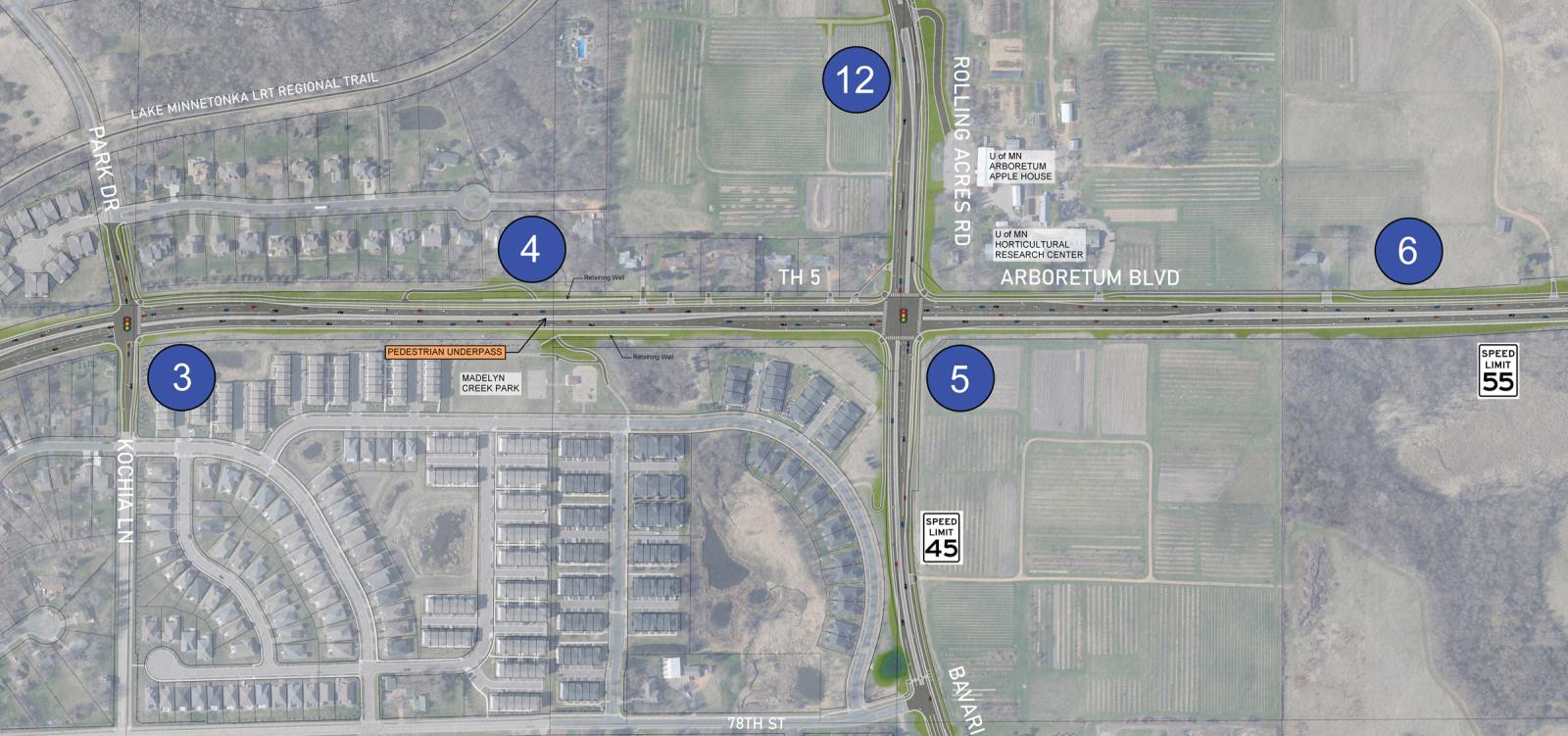 Detailed map of the intersection of Highway 5 and Park Drive.