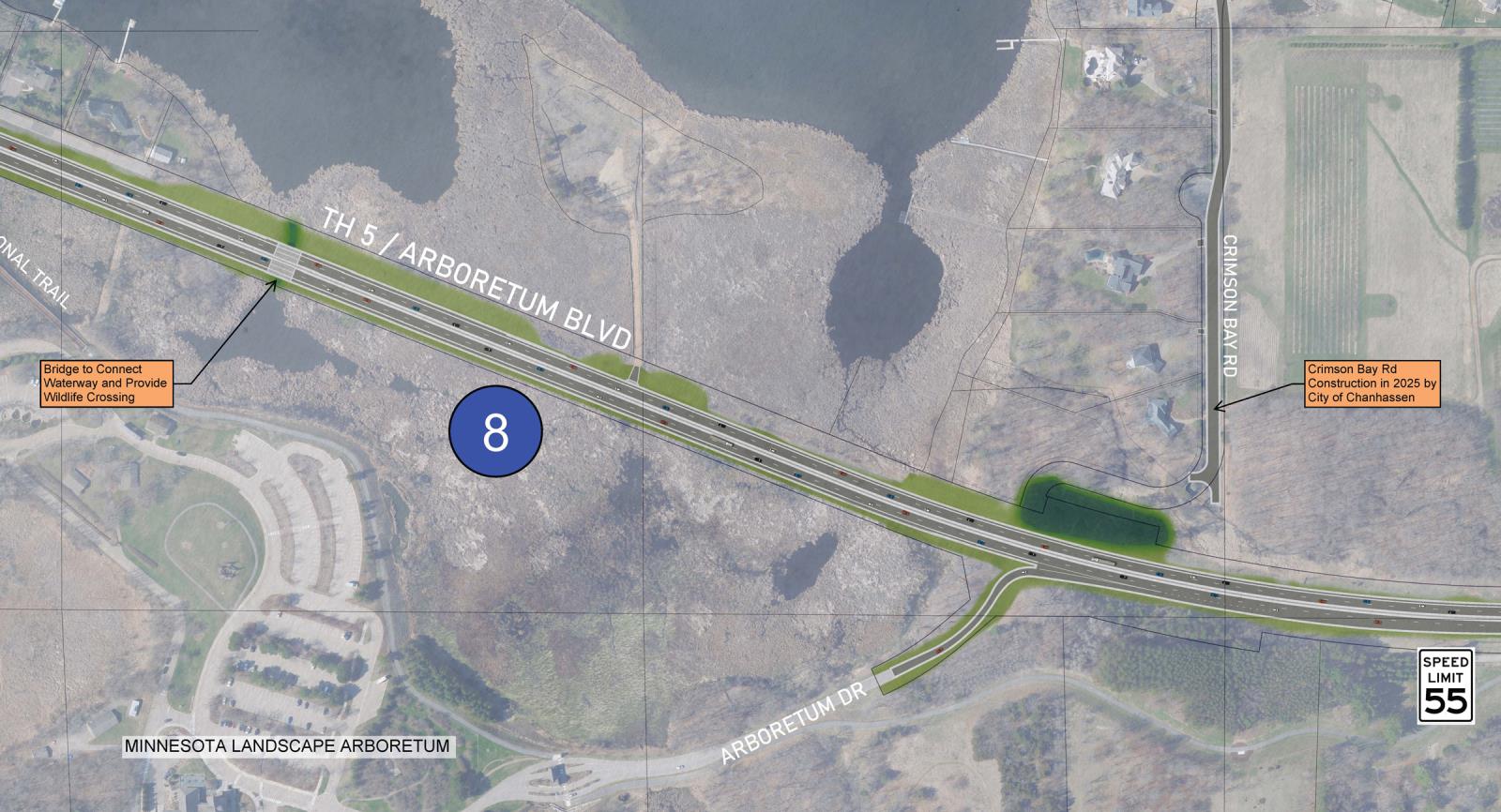 Detailed map of the Lake Minnewashta crossing being widened from two to four lanes and the culvert bridge over Lake Minnewashta.