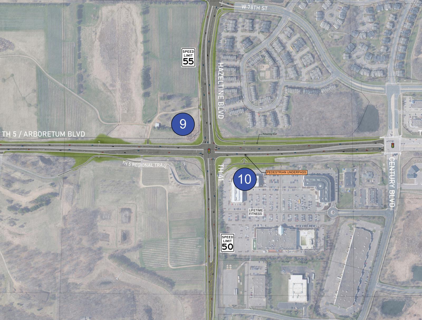 Detailed map of the second left-turn lane for eastbound and westbound Highway 5 traffic. There is also an illustration of a second through lane and second-left turn lane for northbound and southbound Highway 41 traffic.