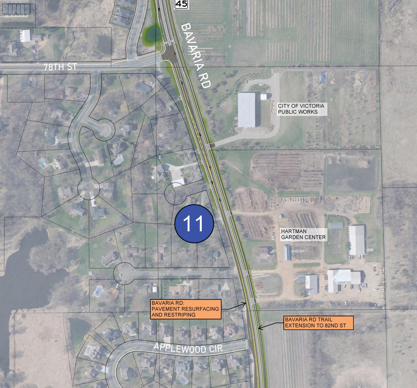 Detailed map of the trail on the east side of Bavaria Road.