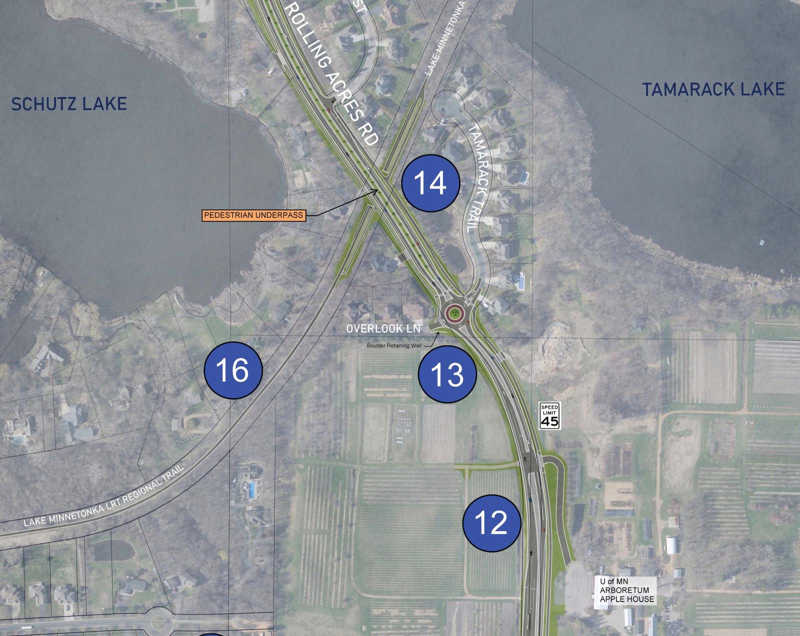 Detailed map of Rolling Acres Road reconstructed as a two-lane, divided urban highway.