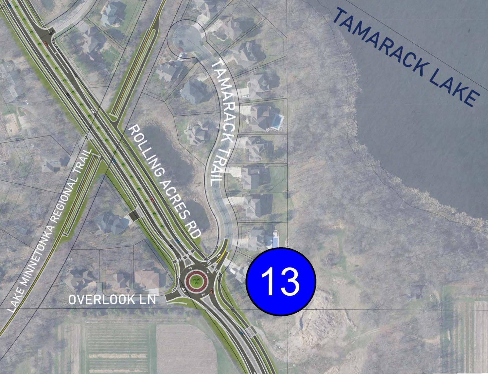 Detailed map of the roundabout at the intersection of Rolling Acres Road and Tamarack Trail.